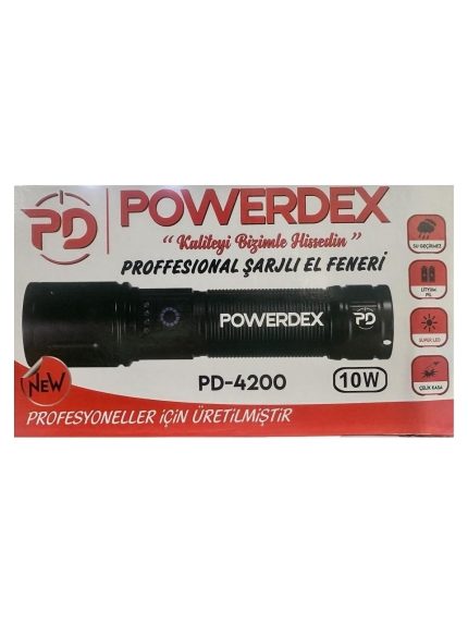 Yağmur Suyu Geçirmez 10WATT Süper LED Profesyonel Şarjlı El Feneri Powerdex PD-4200