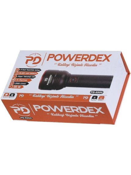 Profesyonel Şarjlı El Feneri, Avcı Feneri 2000 Lümen 20 Watt Powerdex PD-6900