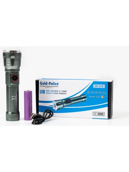 Şarjlı El Feneri Güçlü Tg LED Ultra Hafif Fener 2000 Lümen Gold Police GP-216